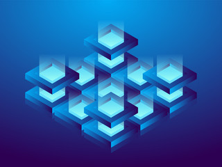 Cryptocurrency and blockchain, abstract isometric 3D illustration. Cryptocurrency mining farm, vector technology background.