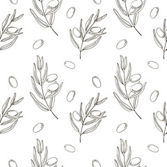 vector contour green color olive plant leaf had drawn elements set seamless pattern