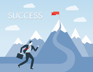Businessman on the way to success mountain with flag vector illustration