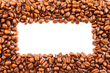 frame or border of Roasted Brown coffee beans  Close Up with copy space on white background