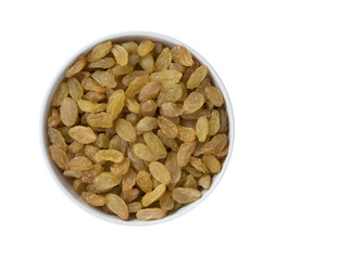 Full Bowl of Raisins on a white background. Dried grapes.