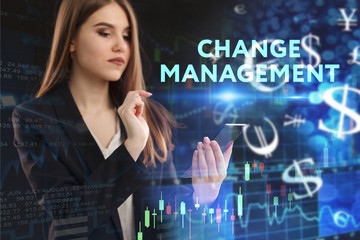 The concept of business, technology, the Internet and the network. A young entrepreneur working on a virtual screen of the future and sees the inscription: Change management