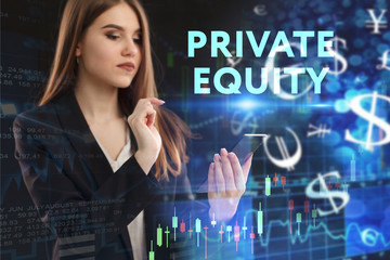 The concept of business, technology, the Internet and the network. A young entrepreneur working on a virtual screen of the future and sees the inscription: Private equity