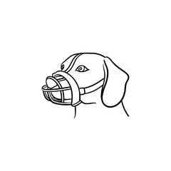 Muzzled dog hand drawn outline doodle icon. Pets in city life, safe dog walking and training concept. Vector sketch illustration for print, web, mobile and infographics on white background.
