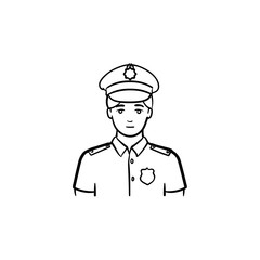 Policeman hand drawn outline doodle icon. Police officer in uniform as law, power and cop concept. Vector sketch illustration for print, web, mobile and infographics on white background