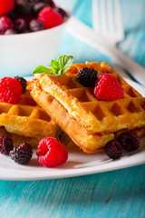 waffle dessert fruit berries fresh sweet wooden background
