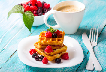 waffle dessert fruit berries fresh sweet wooden background
