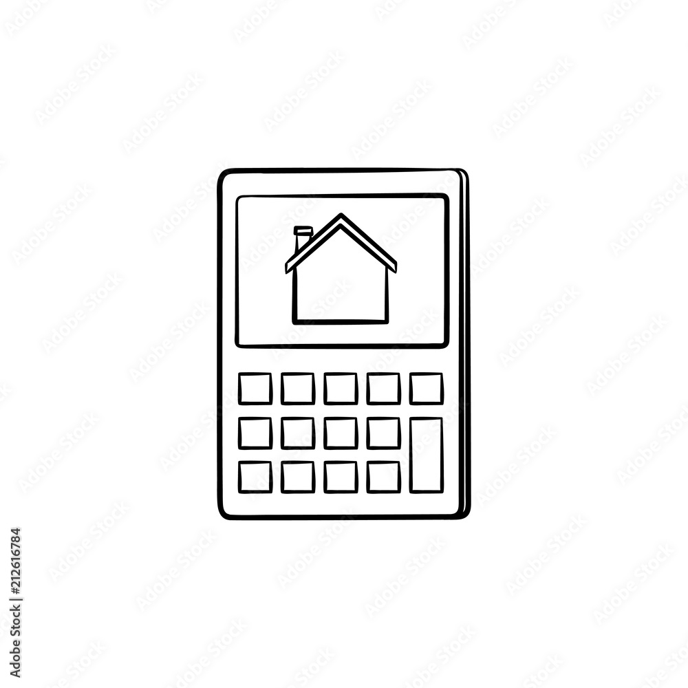 Wall mural Calculator with house symbol hand drawn outline doodle icon. Rent costs, bill payment, mortgage debt concept. Vector sketch illustration for print, web, mobile and infographics on white background.