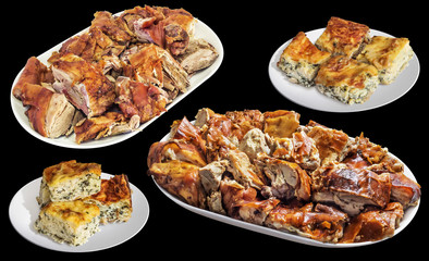 Platters with Fresh Spit Roasted Pork Meat and Tender Spinach Cheese Pie Slices Isolated on Black Background