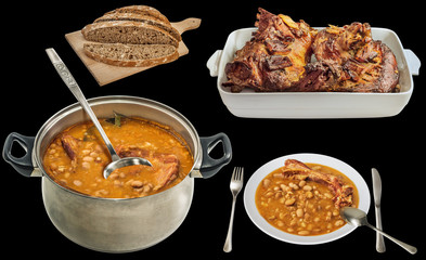 Baked Beans Cooked with Pork Smoked Ribs Served with Roast Lamb and Sliced Dark Integral Bread Isolated on Black Background