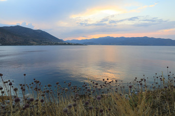 Sunset view from Monemvasia island, Greece, Peloponnese, Lakonia. Travel destinations.