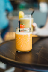 Delicious beverage in cocktail jar