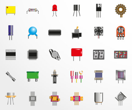 Electronic components and spare parts for electronic circuits. Set of vector icons.