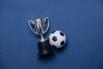 Soccer ball with a silver winning trophy