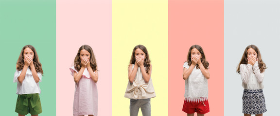 Obraz premium Collage of brunette hispanic girl wearing different outfits shocked covering mouth with hands for mistake. Secret concept.