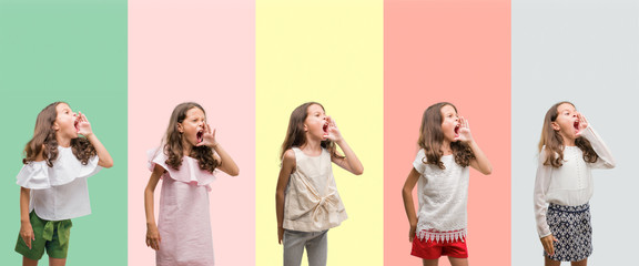 Collage of brunette hispanic girl wearing different outfits shouting and screaming loud to side with hand on mouth. Communication concept.
