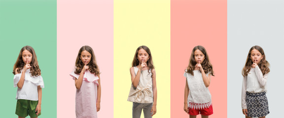 Collage of brunette hispanic girl wearing different outfits asking to be quiet with finger on lips. Silence and secret concept. © Krakenimages.com