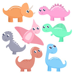 Cute cartoon dinosaurs set. Flat design.