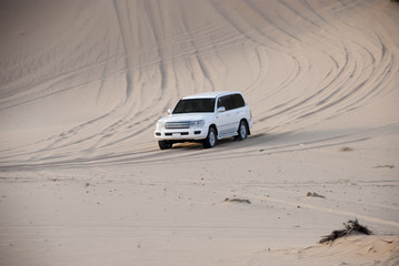 Luxurous white SUW 4x4 on desert safari on dunes exreme racing in arabia travel rally on sand in sports vehicle all wheel drive