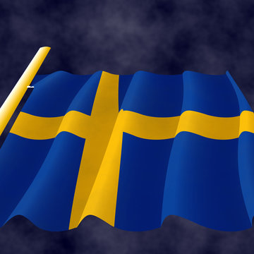 Illustraion of a flying Swedish Flag on the flagpole, view up