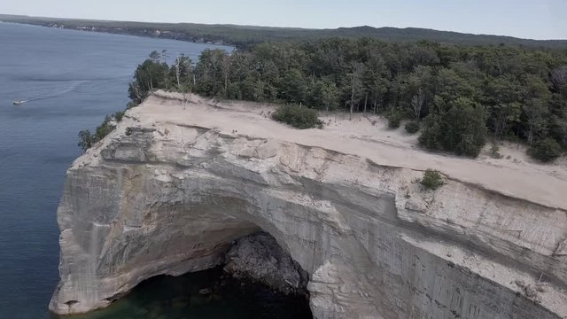 Drone shot over Pictured Rocks Hike in Michigan. Cliffs over Lake Superior. Shot with a DJI Mavic Pro.