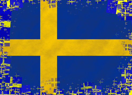 Illustration of a Swedish flag with a frame of small flags