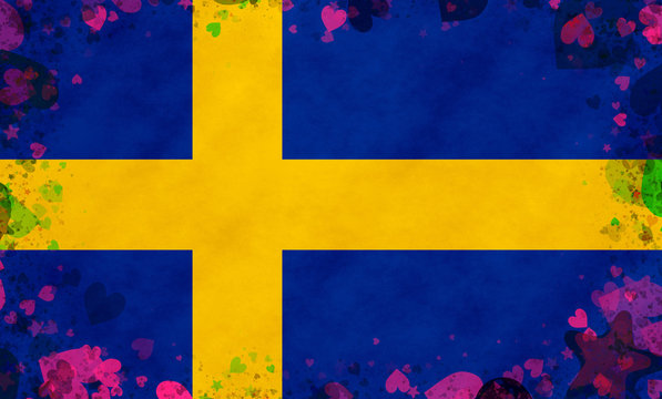 Illustration of a Swedish Flag with a frame of a heart pattern