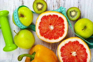 Food for  diet and dumbbells