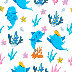 Naklejka premium Vector illustration of seamless pattern with ocean animals.Under
