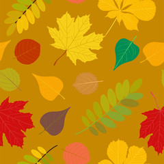 Seamless Autumn pattern Orange, yellow, brown red fall forest rowan, birch, tree leaves and herbs. Wallpaper, background beautiful, cute, trendy bright print