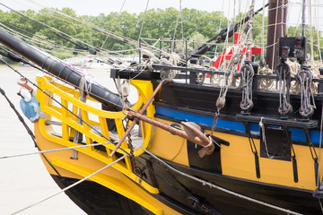 Ancient sailing ship boat in port sea