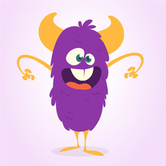 Happy cartoon monster character. Vector illustration of funny purple monster. Halloween design