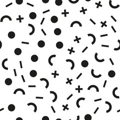 Memphis seamless patterns with geometric shapes. One color black on white. Vector illustration. Retro fashion style 80-90s