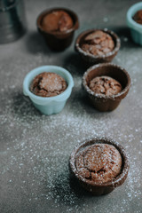 Appetizing chocolate brownie cupcakes sprinkled with powdered sugar in confectionery molds of brown and blue colors.