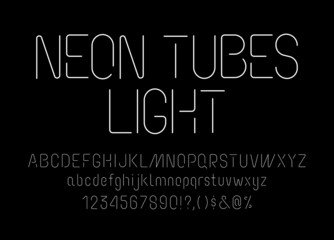 Neon tube font, uppercase and lowercase typography, numerals and symbols, soft and light minimalistic stencil letters for neon signs and advertising boards