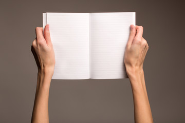 Obraz premium Hands on a gray background with an open book