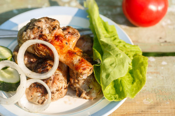 grilled chicken legs with fresh vegetables. Picnic in garden. On greenery background.