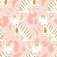 Wektorowy bezszwowy wzór z ślicznymi tygrysami na różowym jaguara punktu tle - 212626583