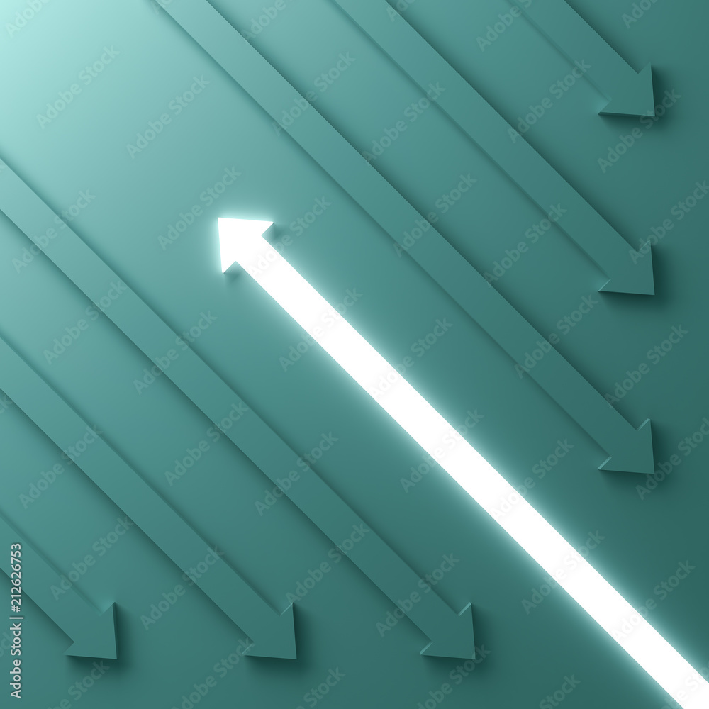 Fototapete Stand out from the crowd and different concept , One glowing light up arrow going to bright light among other down arrows on dark green background with shadows . 3D rendering.