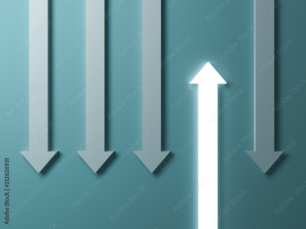 Aufkleber Stand out from the crowd and different concept , One glowing light up arrow among other down arrows on dark green  background with shadows . 3D rendering.
