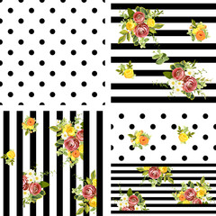 Seamless striped and dots style floral pattern. Vector illustration