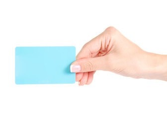 Obraz premium Discount card blue shopping buy sale fashion in hand on white background isolation