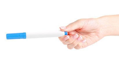 Marker blue in hand on white background isolation