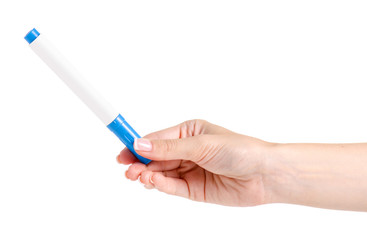 Marker blue in hand on white background isolation