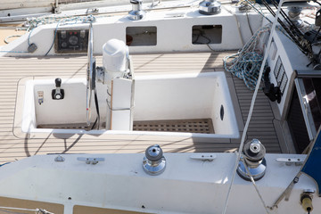 the interior of a new upmarket boat with the wooden bridge