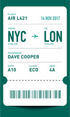 E-Ticket or Boarding Pass Card Template with Bar Code. Flight Ticket Pass Design. 