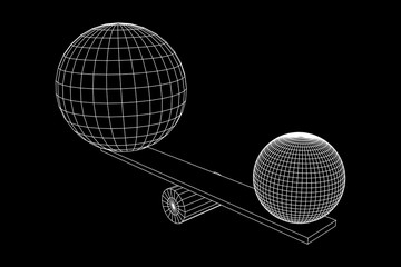 Simple seesaw scales weighing big and small abstract spheres. Balance, comparison and equality concept. . Wireframe low poly mesh vector illustration