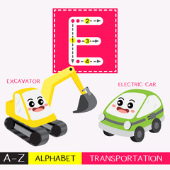 Letter E uppercase children colorful transportations ABC alphabet tracing flashcard for kids learning English vocabulary and handwriting Vector Illustration.