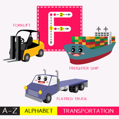 Letter F uppercase children colorful transportations ABC alphabet tracing flashcard for kids learning English vocabulary and handwriting Vector Illustration.