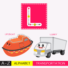Letter L uppercase children colorful transportations ABC alphabet tracing flashcard for kids learning English vocabulary and handwriting Vector Illustration.